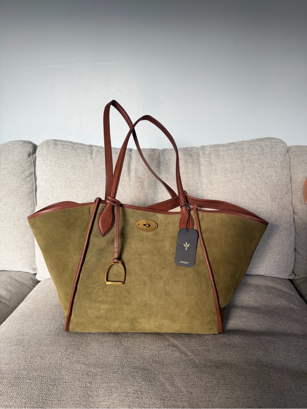 Olive Suede Shoulder Tote with Brown Leather Trim